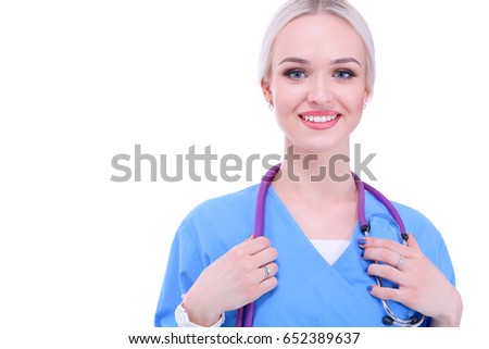 Portrait of female doctor standing against isolated on white background