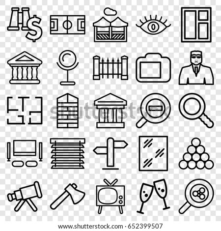 View icons set. set of 25 view outline icons such as shutter blinds, fence, mirror, eye, security guy, window, axe, bank, search, camera display, zoom out, plan, pergola