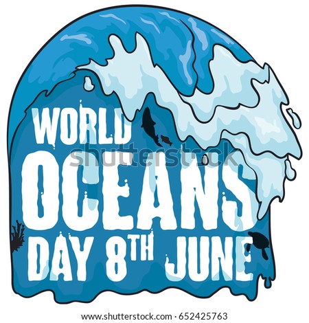 Poster with wave surge and reminder date over watery design and some animals silhouettes for World Oceans Day celebration in June 8.