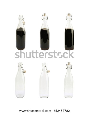 Glass bottle with the wired ceramic cap, composition isolated over the white background, set of two versions, empty and full, each in three different foreshortenings