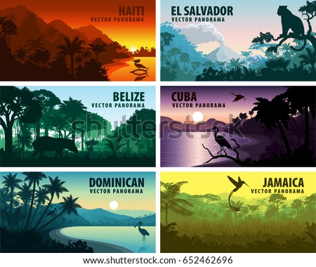 vector set of panoramas countries of caribbean and Central America - Haiti, Jamaica, Dominican, Cuba, El Salvador, Belize. Royalty-Free Stock Photo #652462696