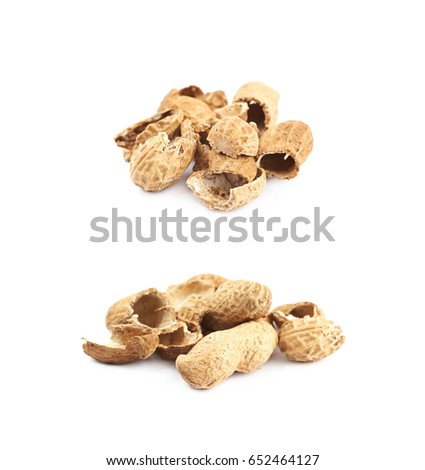 Pile of peanut shells isolated over the white background, set of two different foreshortenings