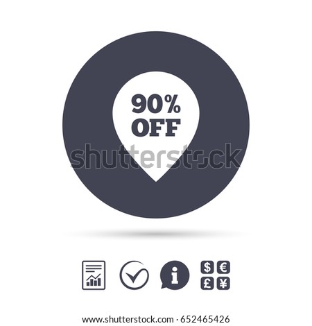 90% sale pointer tag sign icon. Discount symbol. Special offer label. Report document, information and check tick icons. Currency exchange. Vector