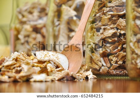 Dried porcini mushrooms. Background with dry mushrooms, boletus edulis as spice for cooking