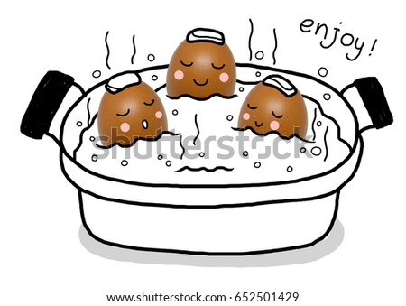 Cartoon cute three eggs boil warm water bath photo