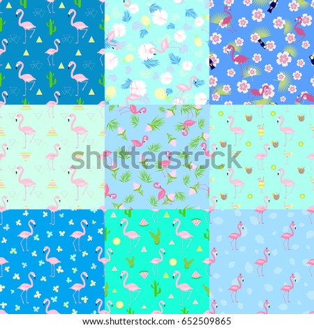 Set of nine seamless flamingo patterns vector