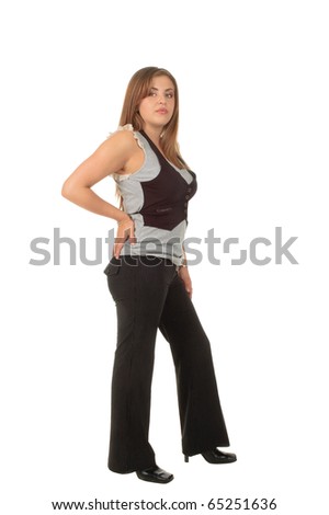 full length body image of a young hispanic woman in fashionable pants isolated over white