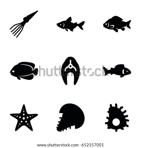 Aquatic icons set. set of 9 aquatic filled icons such as fish, starfish