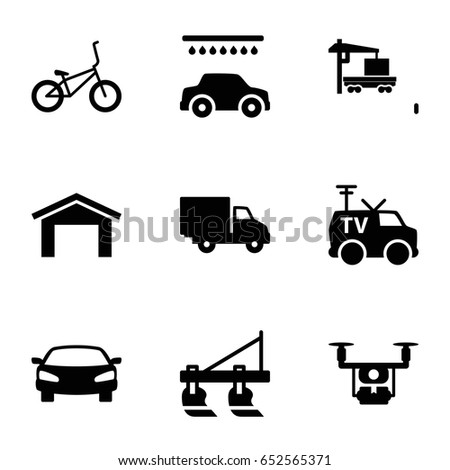 Vehicle icons set. set of 9 vehicle filled icons such as tractor, garage, car wash, cargo truck, delivery car, tv van, car, bicycle