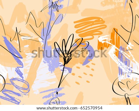 Doodles with grunge texture rough drawn dandelion flower and garden.Abstract seamless pattern. Universal bright background for greeting cards, invitations. Had drawn ink and marker watercolor texture.