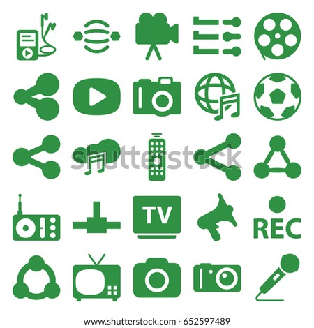 Media icons set. set of 25 media filled icons such as camera, radio, volume, tv, rec, microphone, mp3 player, music cloud, international music, remote control, connection