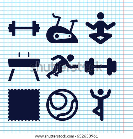 Set of 9 exercise filled icons such as carpet, barbell, gymnastic apparatus, exercise bike, running, volleyball, man doing exercises