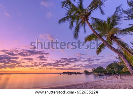 Palm tree sunset at Pereybere bay - Mauritius beach Royalty-Free Stock Photo #652655224