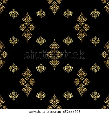 A golden ornament in east style. Design for the text, invitation cards, various printing editions. Seamless pattern with golden elements on a black background.