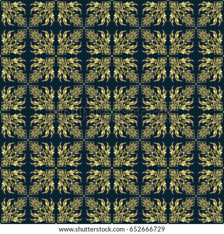 Gold ornament seamless pattern. Golden print on blue background for design invitation, card, wallpaper or fabric.
