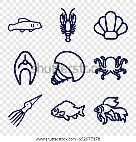 Seafood icons set. set of 9 seafood outline icons such as octopus, fish, crab, shell, extinct sea creature