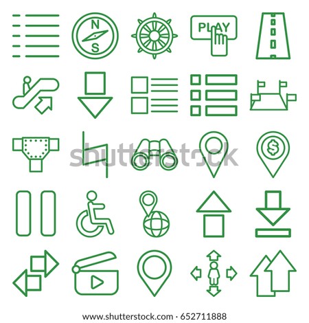 Navigation icons set. set of 25 navigation outline icons such as escalator up, road, finger pressing play button, man move, disabled, pin on globe, helm, binoculars, pause