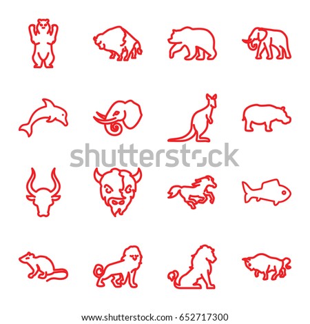 Wild icons set. set of 16 wild outline icons such as lion, bear, mouse, buffalo, elephant, bull, horse, goat, cangaroo, hippopotamus, fish
