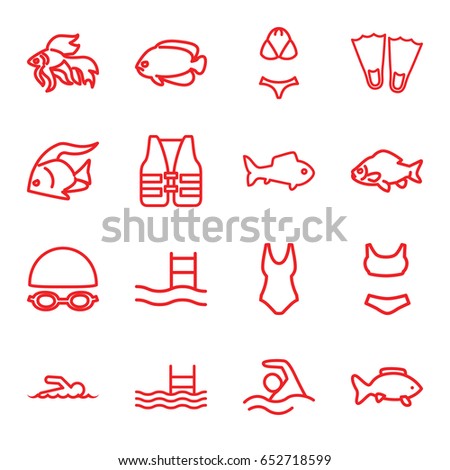 Swimming icons set. set of 16 swimming outline icons such as fish, pool, swimmer, swimsuit, life vest, swim suit, flippers