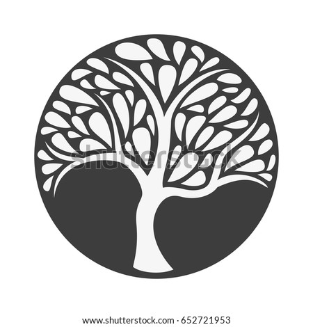 Ornament white tree icon on black background. Vector illustration.  