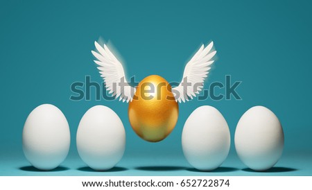 Concept of individuality, exclusivity, better choice. Golden egg takes off, waving its wings, among white eggs on blue background.