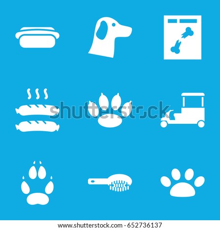 Dog icons set. set of 9 dog filled icons such as animal paw, hair brush, fast food cart, x ray, sausage, hot dog, paw