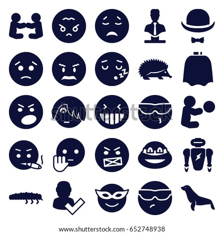 Character icons set. set of 25 character filled icons such as hedgehog, seal, hairdresser peignoir, bust, laughing emot, emoji in mask, sad emot, angry emoji, ninja