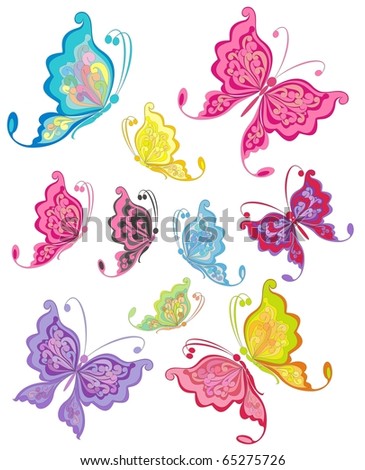 Set of multicolored butterflies isolated on a white background.