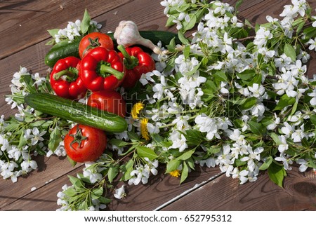 fresh vegetables and fruits background, food top view