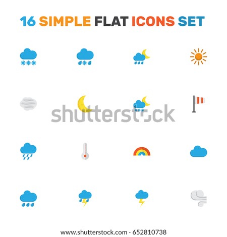 Climate Flat Icons Set. Collection Of Temperature, Hailstones, Drizzles And Other Elements. Also Includes Symbols Such As Blizzard, Rain, Cloudy.