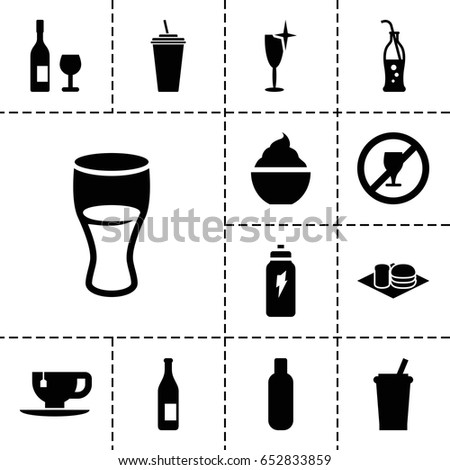 Beverage icon. set of 13 filled beverageicons such as bottle, clean wine glass, drink, tea cup, milkshake, soda and burger, soda bottle, energetic drink, wine glass and bottle