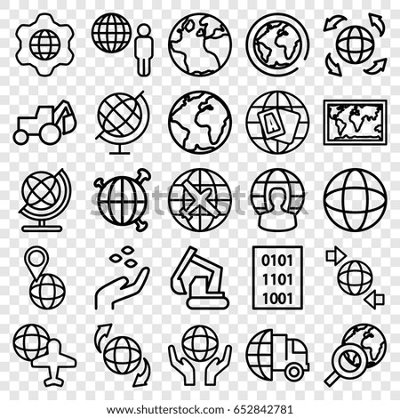 Earth icons set. set of 25 earth outline icons such as globe, plane, hand with seeds, excavator, globe and plane, binary code, international delivery, world map