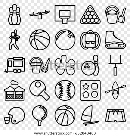 Recreation icons set. set of 25 recreation outline icons such as bucket toy for beach, from toy for beach, swing, billiards, trailer, pergola, man swim wear, rowing boat