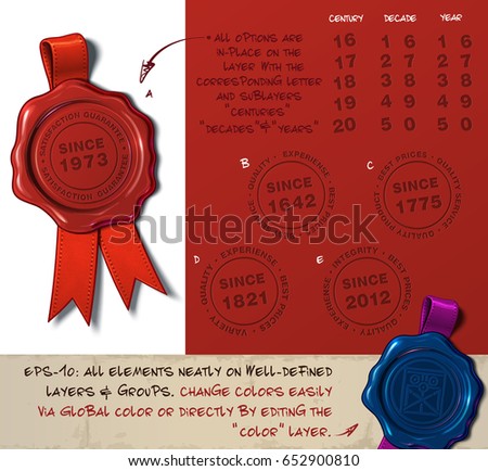 Vector Illustration of a wax seal with a set of stamps regarding Since Year subjects. All design elements neatly on well-defined layers and groups 
