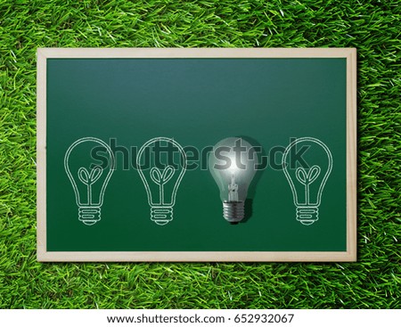 Think different concept, chalkboard and light bulb on green grass background