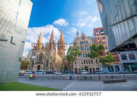 Downtown Melbourne city in Australia with blue sky