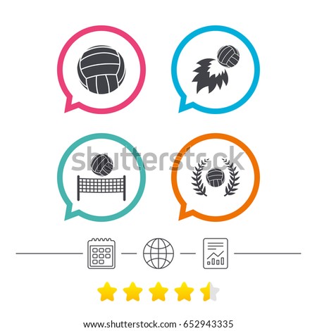 Volleyball and net icons. Winner award laurel wreath symbols. Fireball and beach sport symbol. Calendar, internet globe and report linear icons. Star vote ranking. Vector