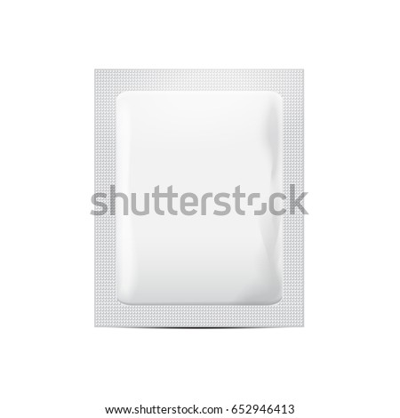 White foil sachet, packaging for cosmetics or food product, medicine drugs. vector realistic mock up template