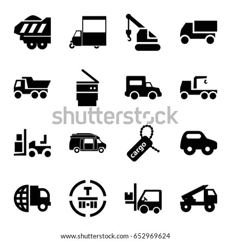 Truck icons set. set of 16 truck filled icons such as toy car, crane, forklift, van, cargo tag, cargo terminal, cargo trailer, trash bin