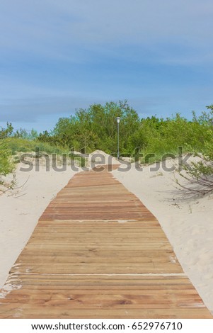 New light brown planks boardwalk in white sand dunes of Baltic sea. 