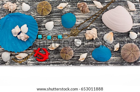 Set of sea shells on old wooden background. The collection of materials for creative hobby