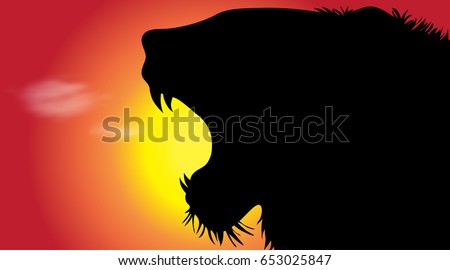 Vector silhouette of tiger at sunset.