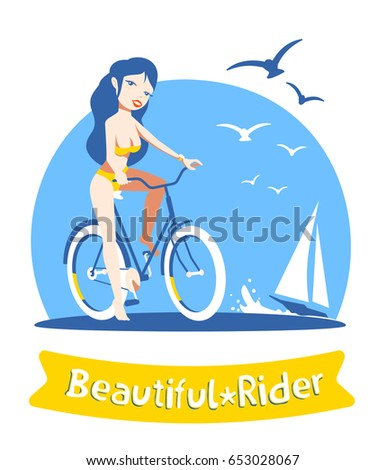 Vector illustration of beautiful happy smiling girl in swimsuit on a bicycle on beach background with blue sky, sea, sailing ship and gulls. Flat style color design for shirt, web, site, card, poster