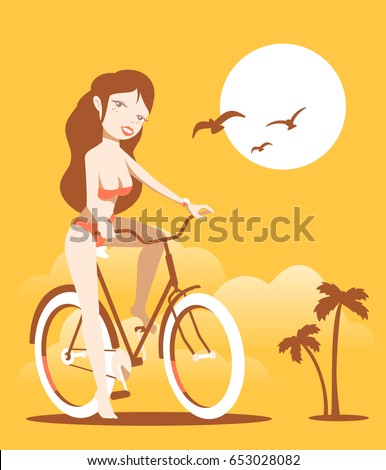 Vector illustration of beautiful happy smile girl in swimsuit on a bicycle on yellow beach background with palm trees, cloud, sun and gulls. Flat style color design for t-shirt, web, site,poster