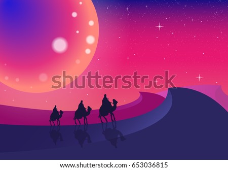 Three camel travelers in the desert