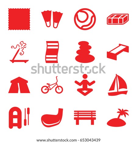 Relaxation icons set. set of 16 relaxation filled icons such as garden bench, tent, spa stones, aroma stick, carpet, bench, bicycle, golf stick, island, flippers