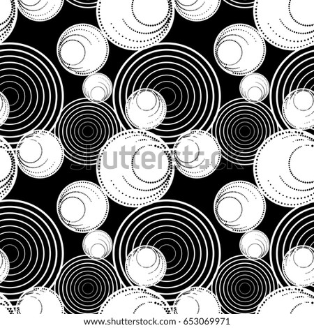 Monochrome geometric pattern with circles and dots. Modern stylish halftone texture. Seamless background. Black and white vector clip art.