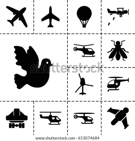 Flight icon. set of 13 filled flighticons such as fly, plane, helicopter, cargo plane back view, medical helicopter, air balloon, military plane, hang glider