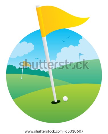 Illustration of golf course, focusing on a flag. 