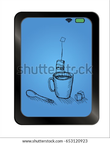 Tea cup icon on background plate. Free hand drawn. Vector illustration.